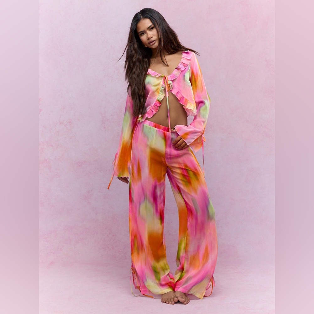 Missguided + Vibrant + Multi Coloured Wide Leg Pant & Blouse Set